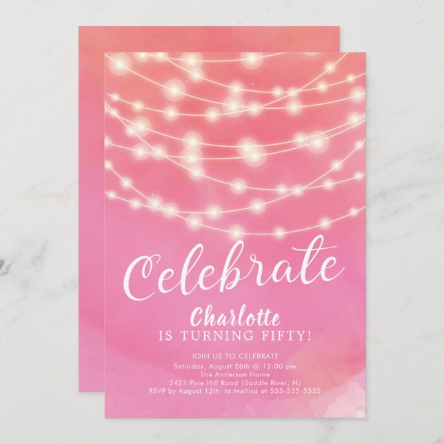String Lights Celebrate Adult Birthday Invitation (Front/Back)