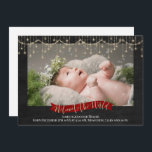 String Lights Chalkboard Photo Birth Announcement<br><div class="desc">String Lights Chalkboard Photo Birth Announcement Cute winter newborn baby picture birth announcement card to introduce your little one to friends and family. Featuring a golden glitter string lights border illustration with a Welcome to the World banner in festive red. Personalise the card with the weight, height, and date of...</div>