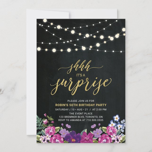String Lights & Chalkboard Surprise Birthday Party Invitation (Front)