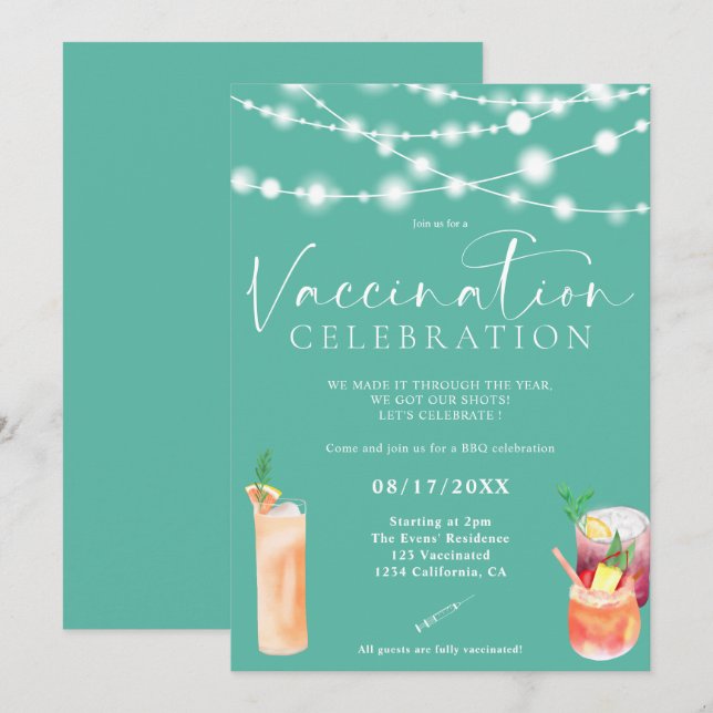 String lights cocktails Vaccination celebration Invitation (Front/Back)