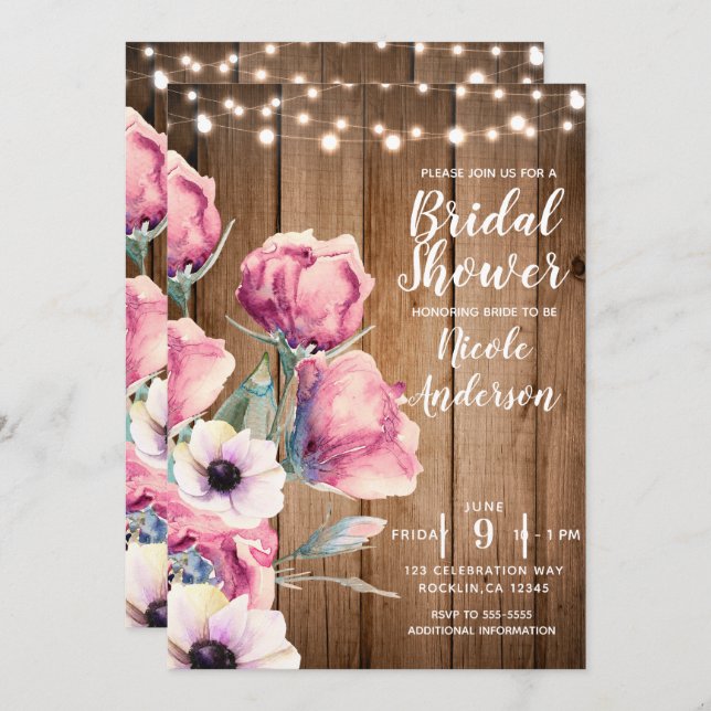 String Lights & Country Flowers Rustic Barn Wood Invitation (Front/Back)