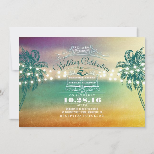 String lights cute beach wedding invitations (Front)