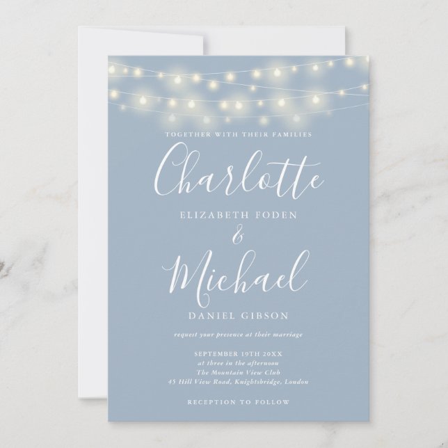 String Lights Dusty Blue Elegant Script Wedding  Invitation (Front)