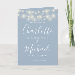 String Lights Dusty Blue Elegant Script Wedding Programme