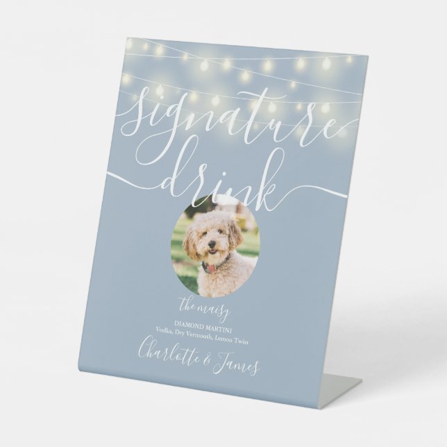 String Lights Dusty Blue Pet Signature Drink  Pedestal Sign (Front)