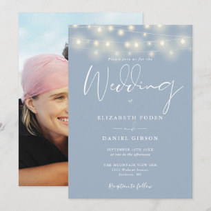 String Lights Dusty Blue Photo Wedding Invitation