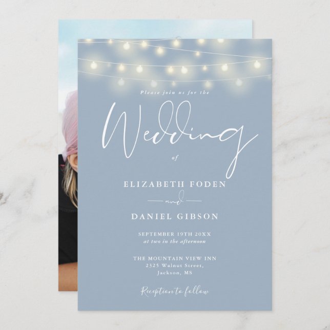 String Lights Dusty Blue Photo Wedding Invitation (Front/Back)