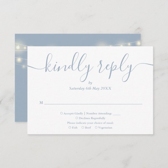 String Lights Dusty Blue Script Meal Choice RSVP Card (Front/Back)