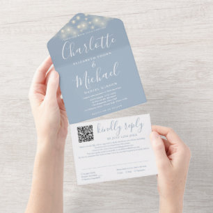 String Lights Dusty Blue Script QR Code Wedding All In One Invitation