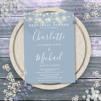 String Lights Dusty Blue Script Rehearsal Dinner Invitation