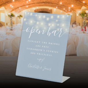 String Lights Dusty Blue Signature Script Open Bar Pedestal Sign