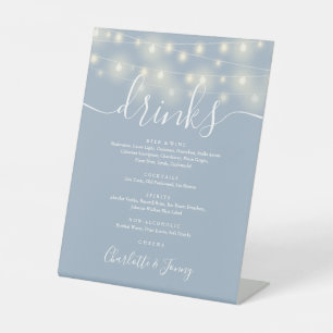String Lights Dusty Blue Wedding Drinks Menu Pedestal Sign