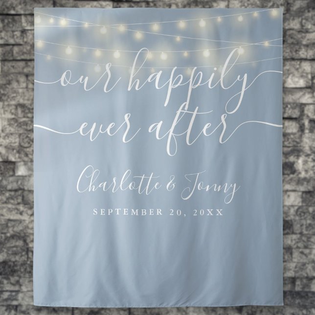 String Lights Dusty Blue Wedding Photo Backdrop Tapestry (String Lights Dusty Blue Wedding Photo Backdrop)