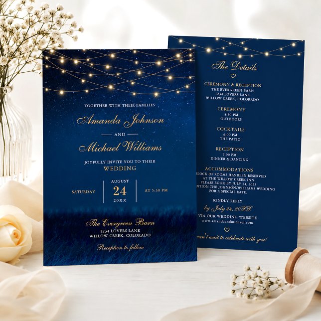String Lights Elegant Navy Blue Wedding Invitation (Creator Uploaded)