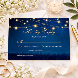 String Lights Elegant Navy Blue Wedding RSVP Card