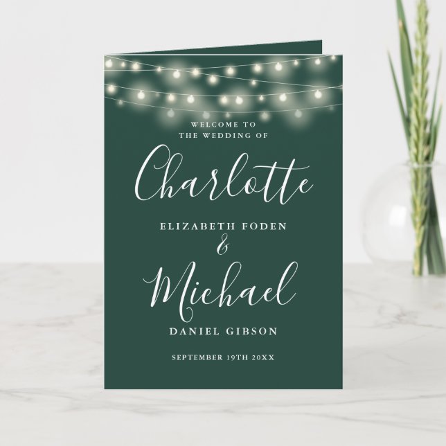 String Lights Emerald Green Elegant Script Wedding Programme (Front)
