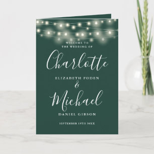 String Lights Emerald Green Elegant Script Wedding Programme