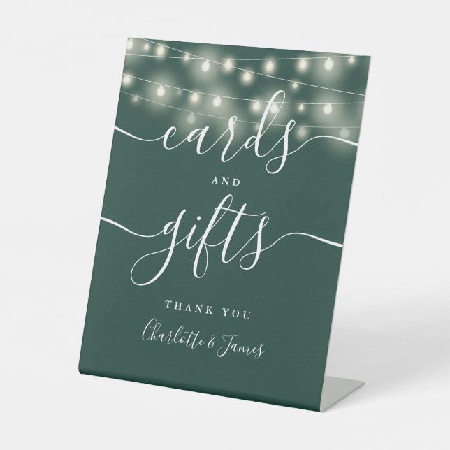 String Lights Emerald Green Script Cards And Gifts Pedestal Sign (Front)