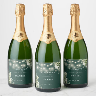 String Lights Emerald Greenery Floral Wedding Sparkling Wine Label