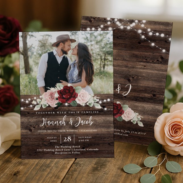 String Lights Eucalyptus & Burgundy Floral Wedding Invitation (Creator Uploaded)