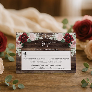 String Lights Eucalyptus & Burgundy Rustic Wedding RSVP Card