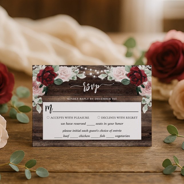 String Lights Eucalyptus & Burgundy Rustic Wedding RSVP Card (Creator Uploaded)