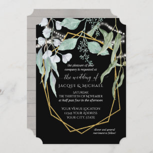String Lights Eucalyptus Geometric Wood Watercolor Invitation