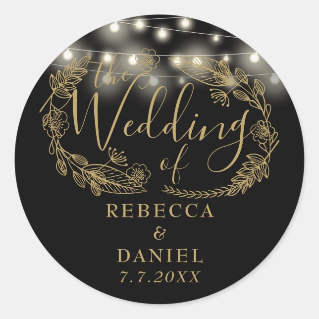 String Lights Floral Black And Gold Wedding Classic Round Sticker (Front)