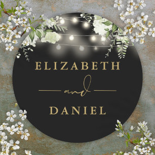 String Lights Floral Black And Gold Wedding Favour Classic Round Sticker