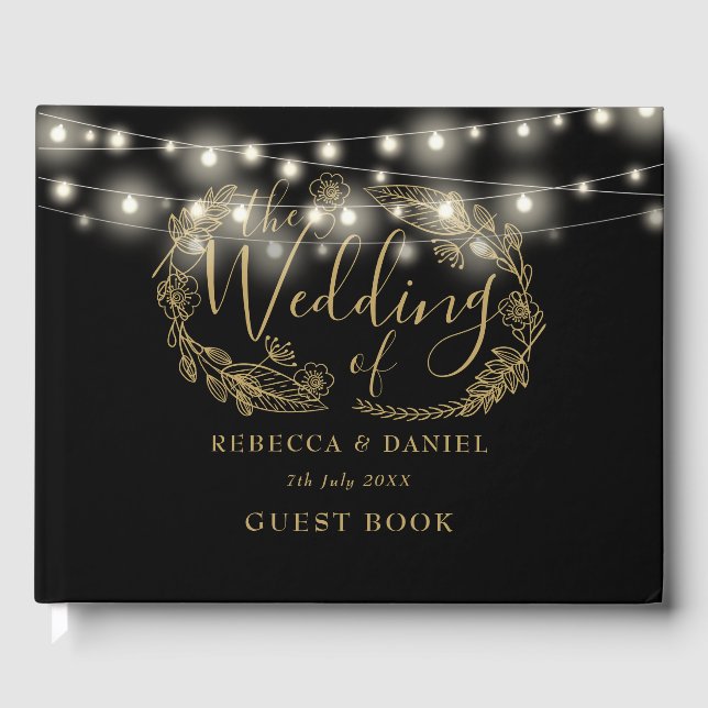 String Lights Floral Black And Gold Wedding Guest Book (Front)