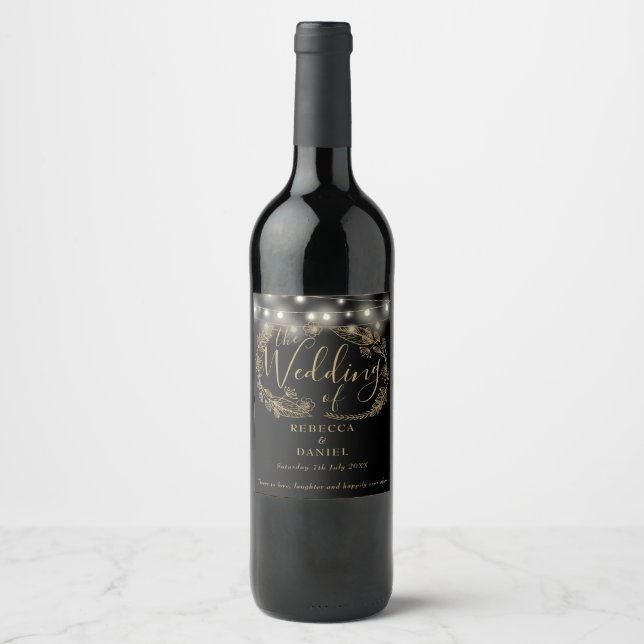 String Lights Floral Black And Gold Wedding Wine Label (Front)