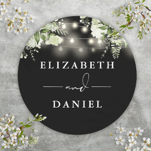String Lights Floral Black And White Wedding Favou Classic Round Sticker