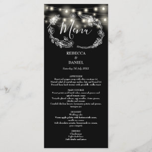 String Lights Floral Black And White Wedding Menu