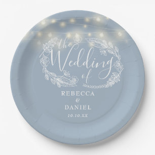 String Lights Floral Dusty Blue Wedding Paper Plate