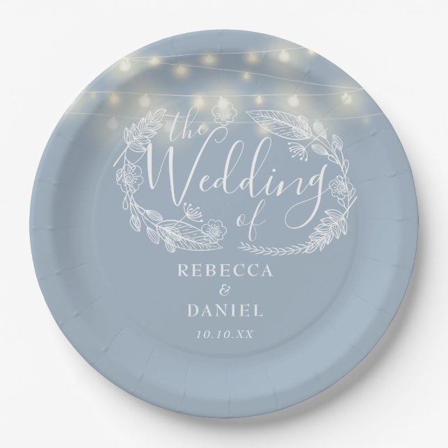 String Lights Floral Dusty Blue Wedding Paper Plate (Front)