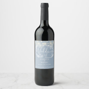 String Lights Floral Dusty Blue Wedding Wine Label
