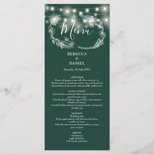String Lights Floral Emerald Green Wedding Menu (Front)