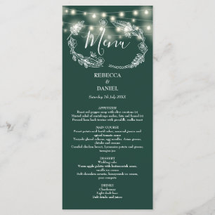 String Lights Floral Emerald Green Wedding Menu