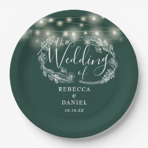 String Lights Floral Emerald Green Wedding Paper Plate