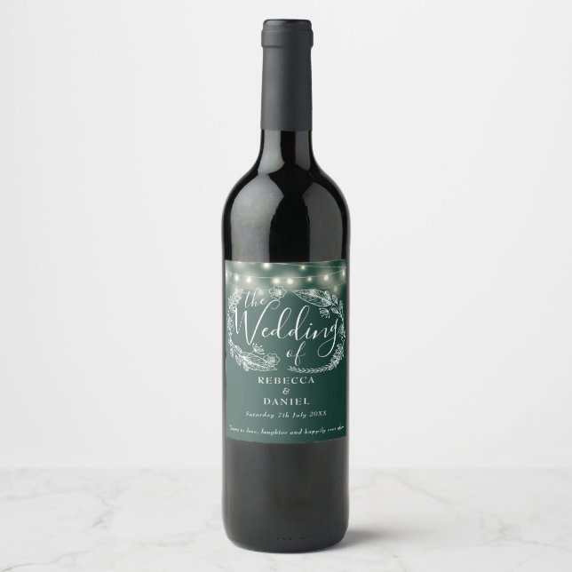 String Lights Floral Emerald Green Wedding Wine Label (Front)