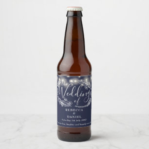 String Lights Floral Navy Blue Wedding Beer Bottle Label