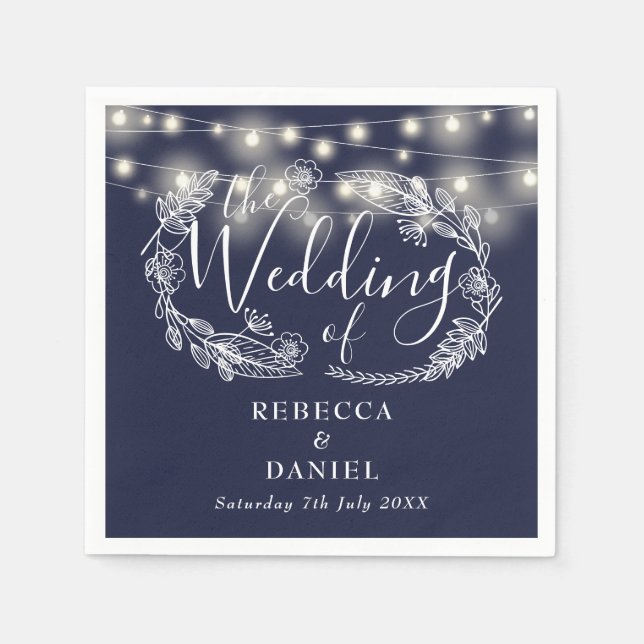 String Lights Floral Navy Blue Wedding Napkin (Front)