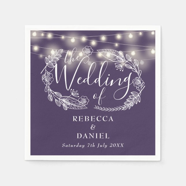 String Lights Floral Purple Script Wedding Napkin (Front)