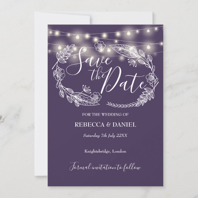 String Lights Floral Purple Wedding Save The Date (Front)