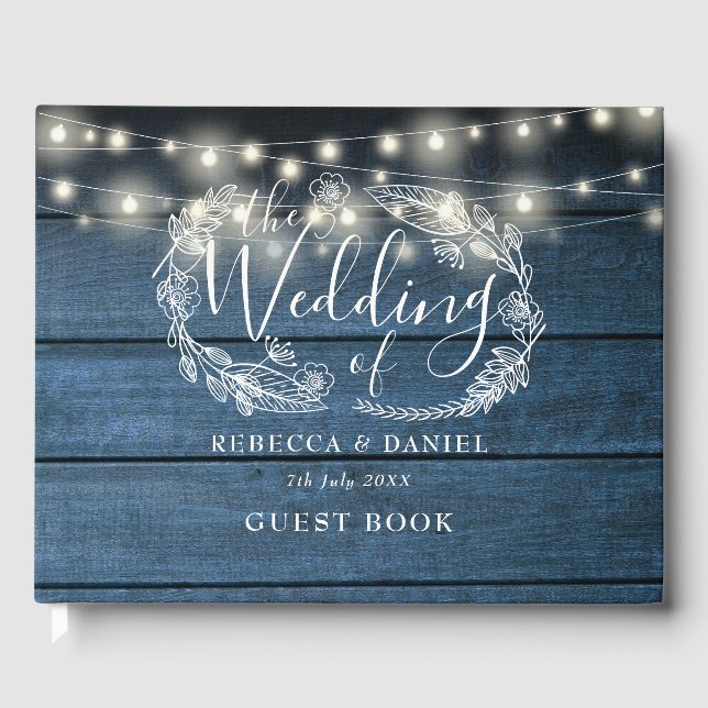 String Lights Floral Rustic Blue Wood Wedding Guest Book (Front)