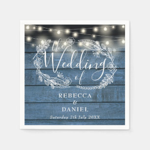 String Lights Floral Rustic Blue Wood Wedding Napkin