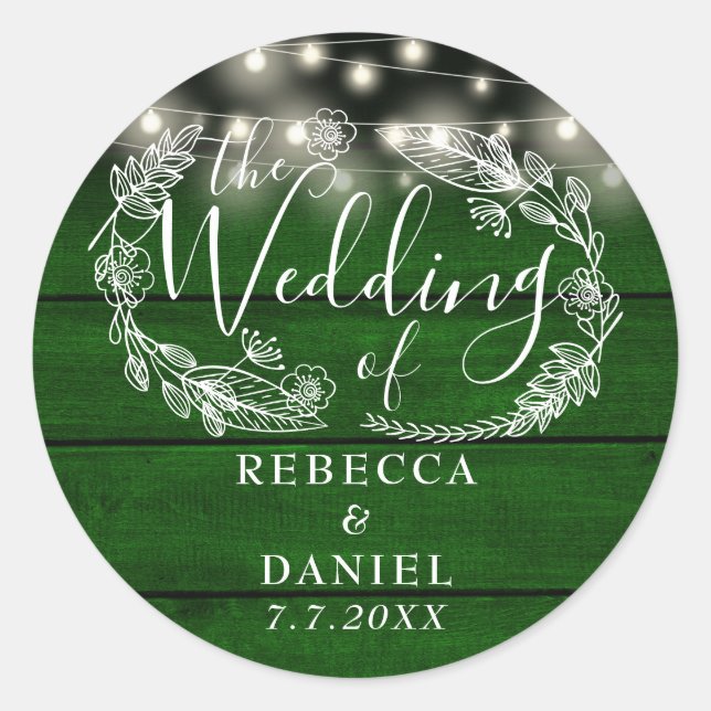 String Lights Floral Rustic Emerald Green Wedding Classic Round Sticker (Front)
