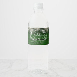 String Lights Floral Rustic Emerald Green Wedding Water Bottle Label