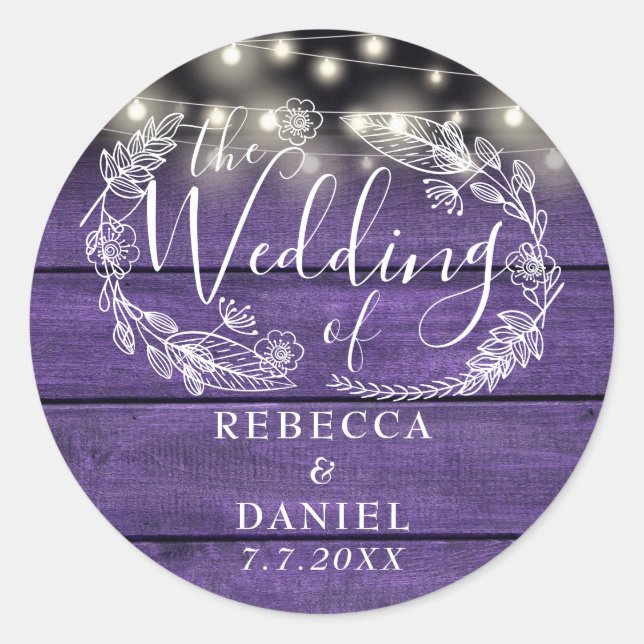 String Lights Floral Rustic Purple Wood Wedding Classic Round Sticker (Front)