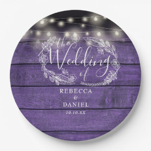 String Lights Floral Rustic Purple Wood Wedding Paper Plate